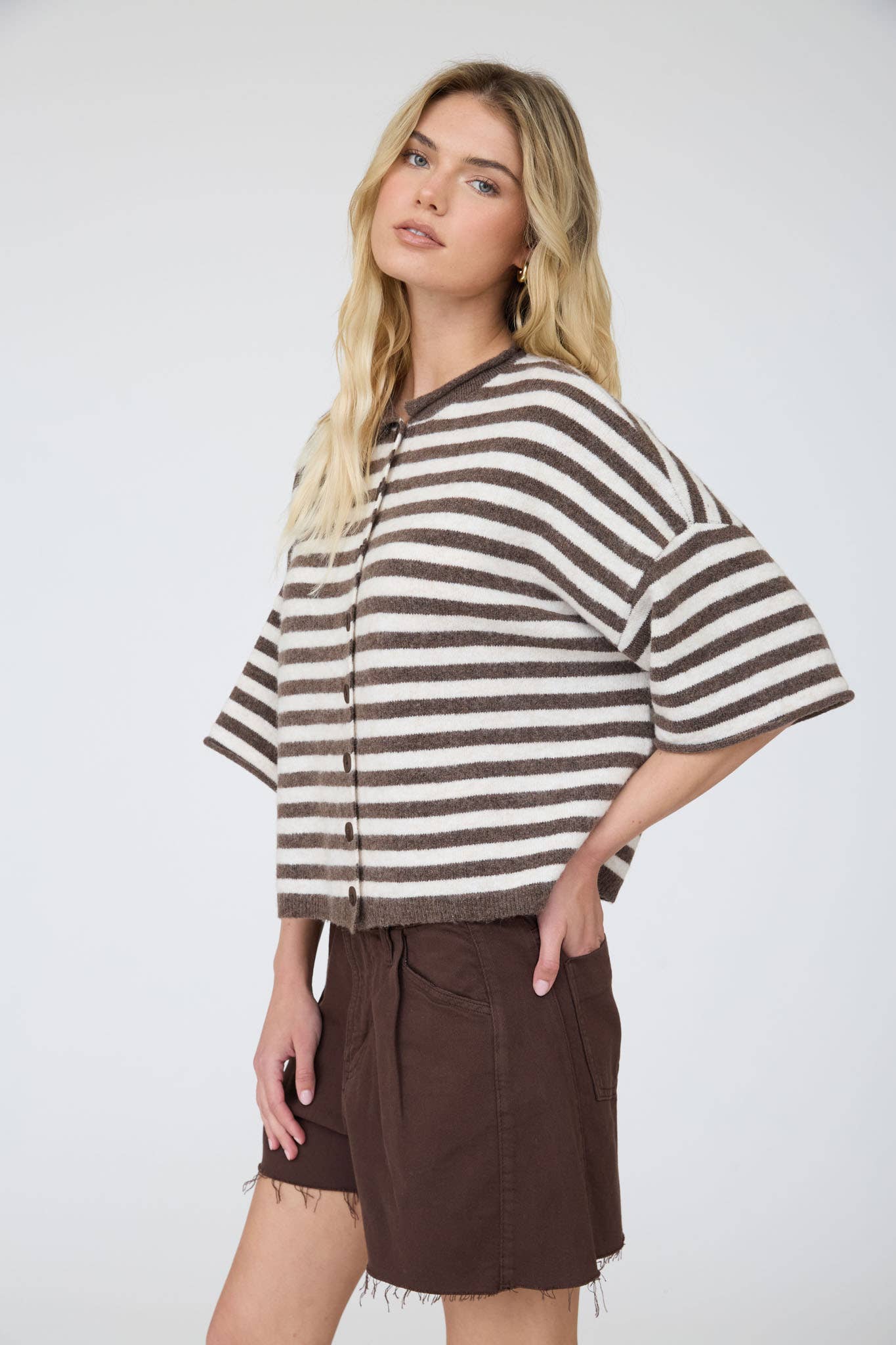 Dark Brown and Cream Striped Collared Henley Cardigan