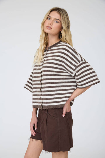 Dark Brown and Cream Striped Collared Henley Cardigan