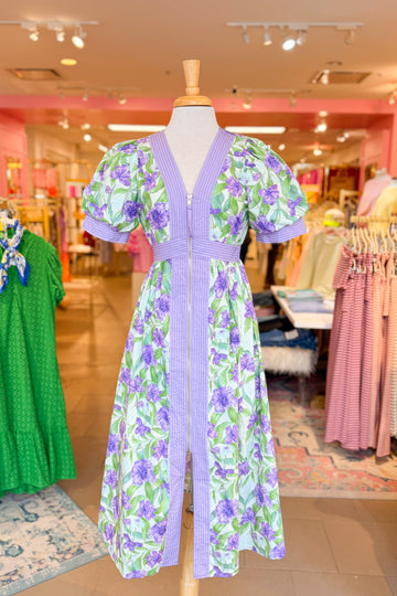 Purple Floral Zip Up Midi Dress