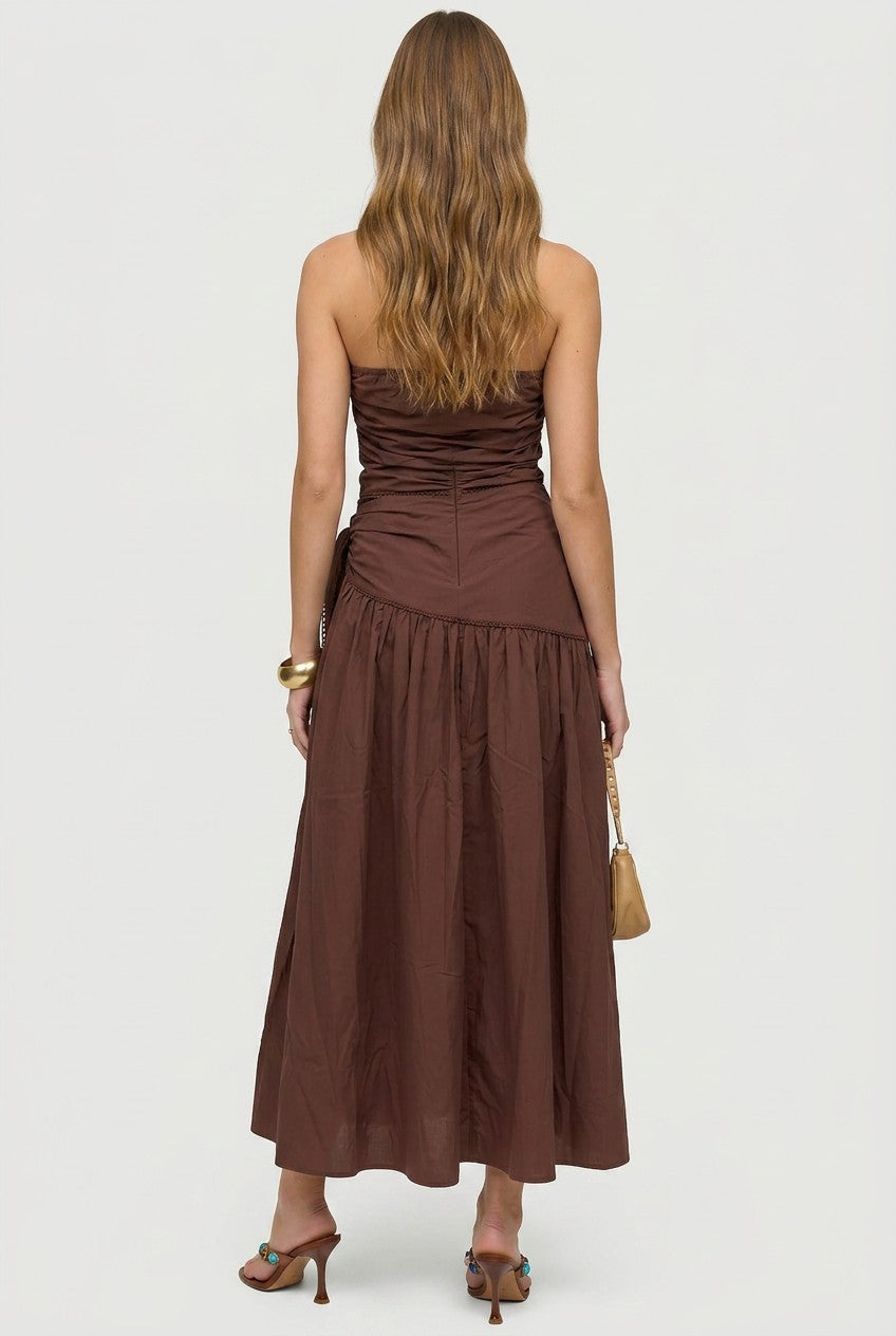 Brown Strapless Side Tie Cotton Midi Dress