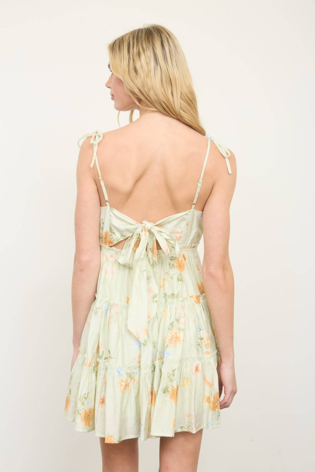 Floral Tiered Ruffle Mini Dress - Light Green