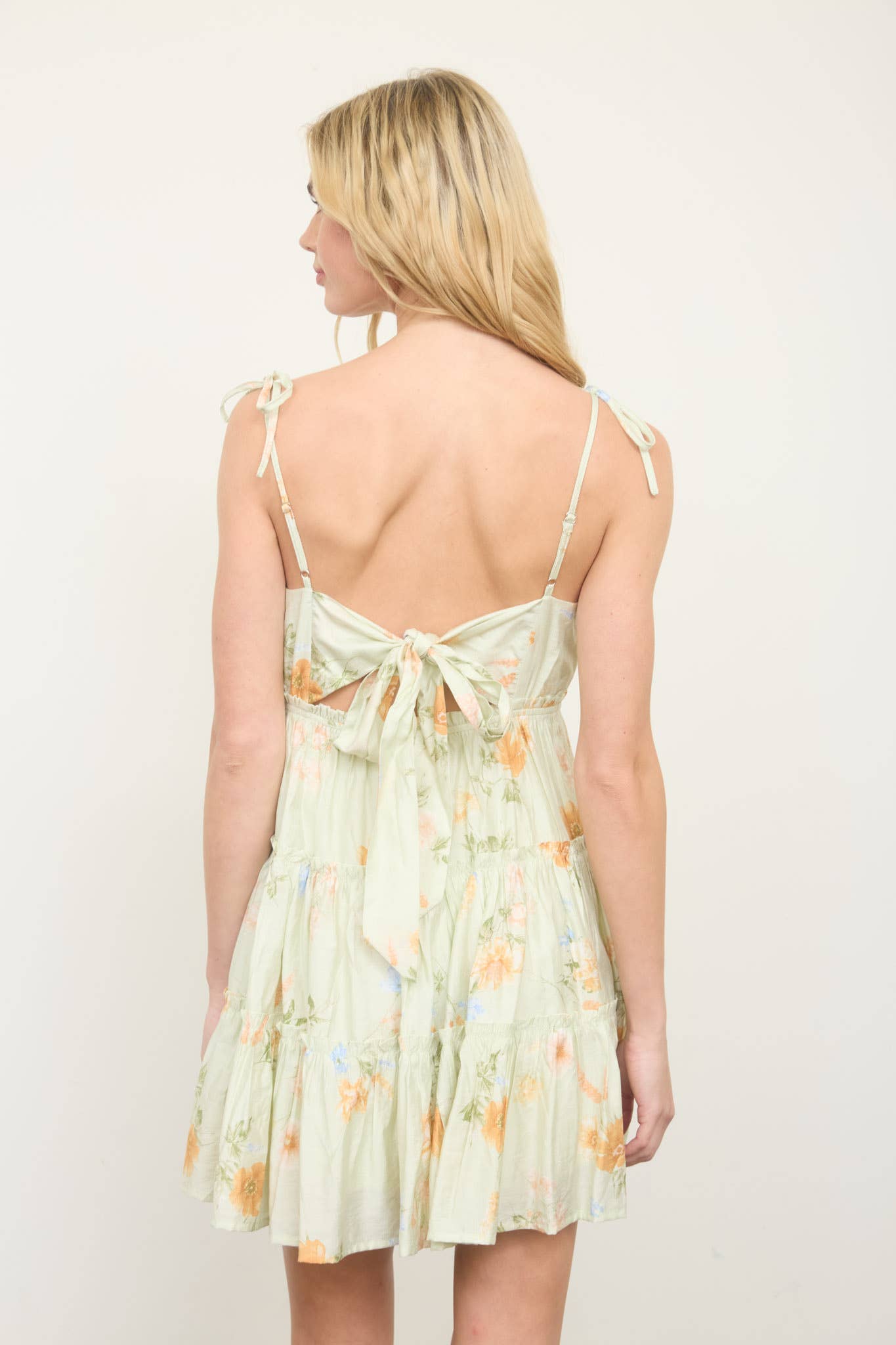 Floral Tiered Ruffle Mini Dress - Light Green