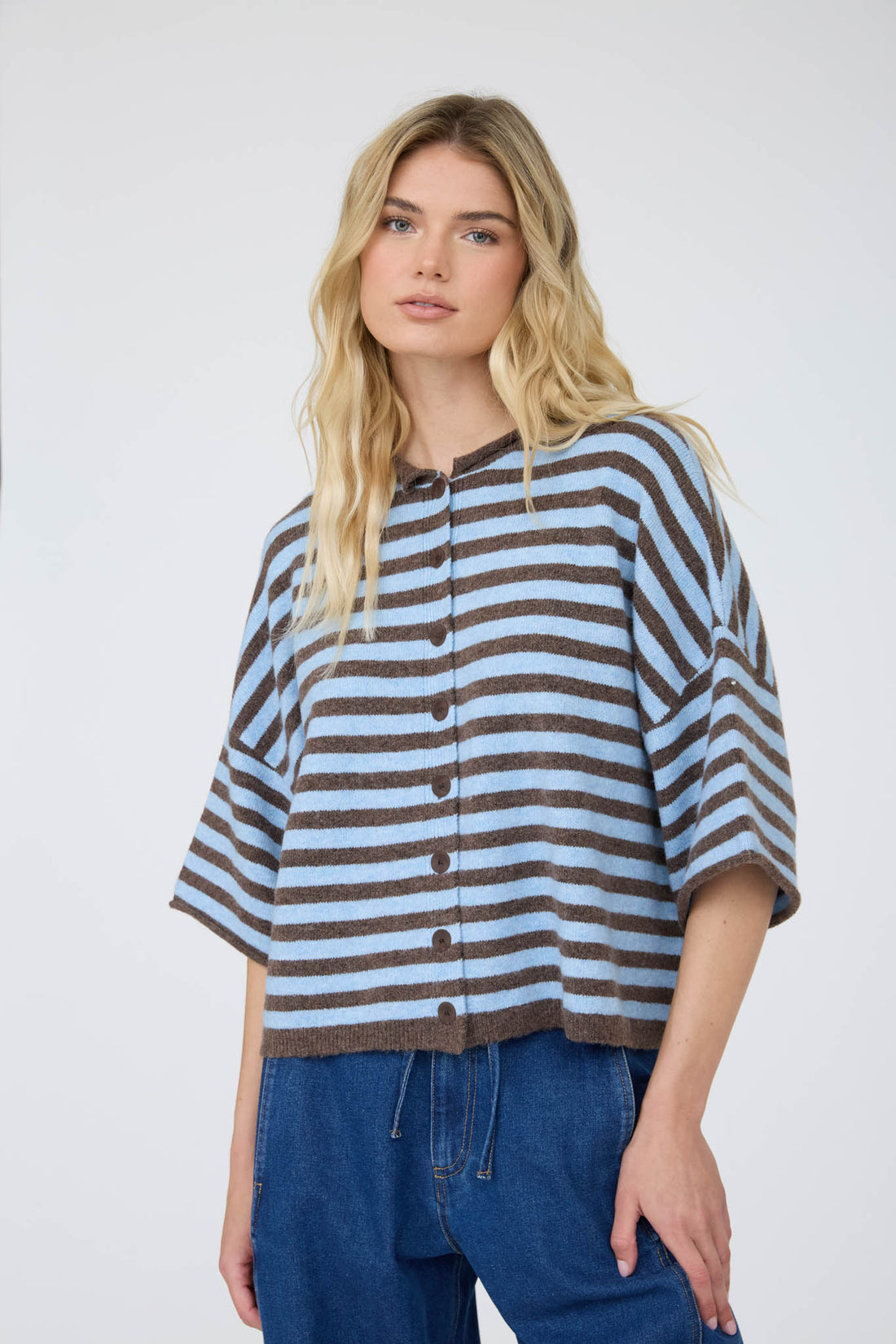 Sky Blue and Espresso Striped Collared Henley Cardigan