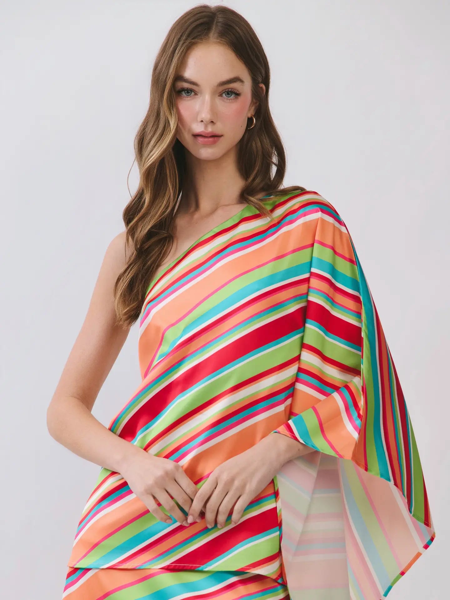 Diagonal Stripe One Shoulder Top and Skirt Set