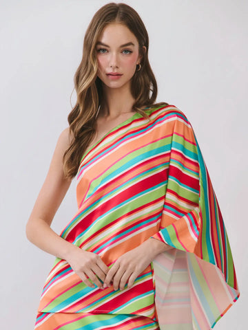 Diagonal Stripe One Shoulder Top and Skirt Set