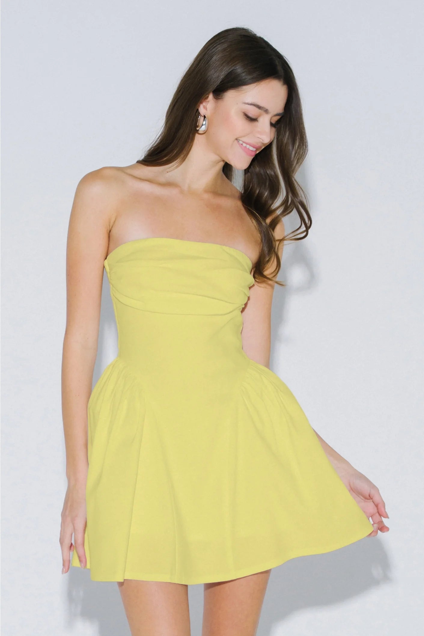 Strapless Mini Dress With Side Pleats - yellow