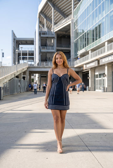 Contour Trim Denim Sweetheart Mini Dress - Navy Blue