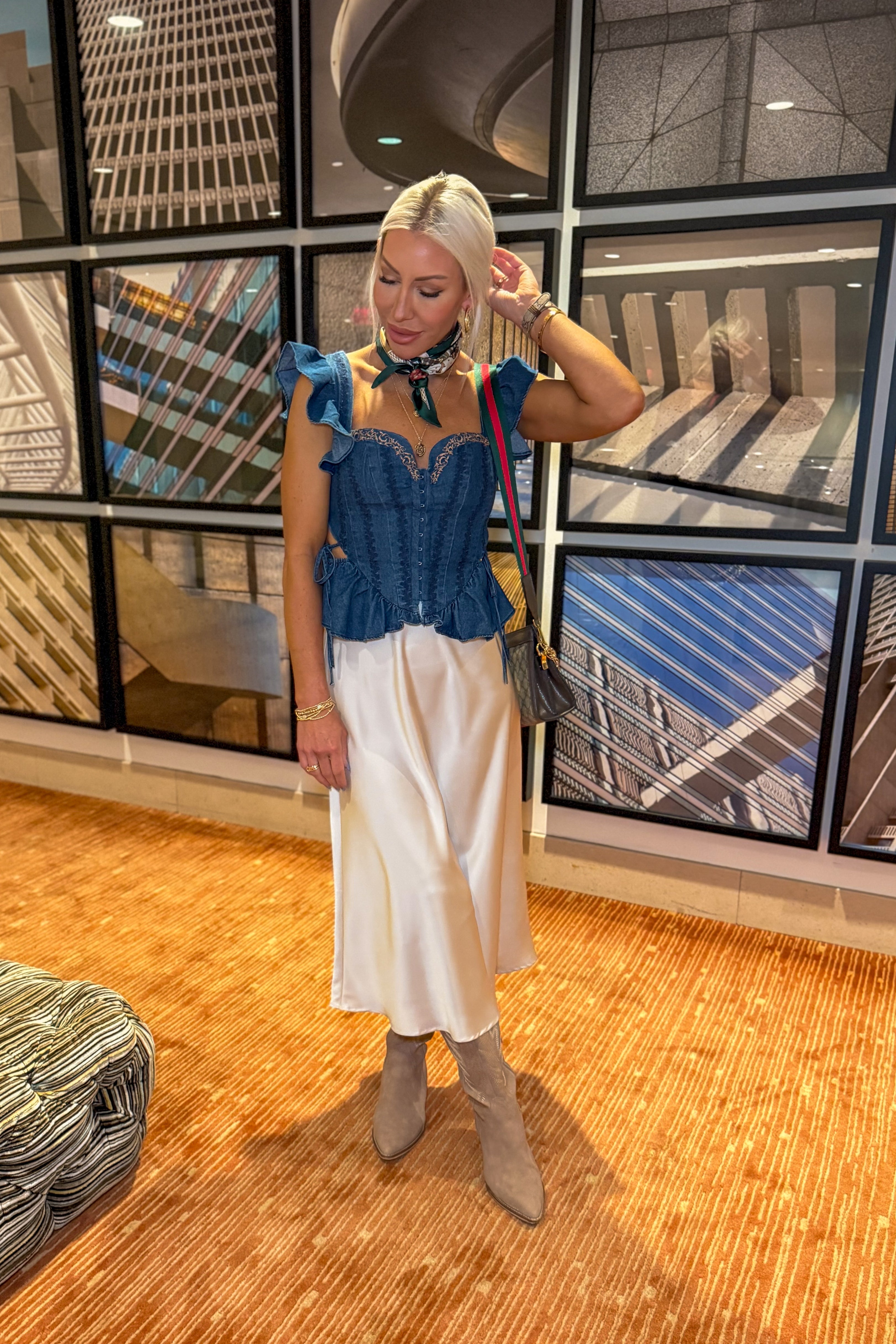 Denim Embroidered Corset Top With Ruffle Sleeves