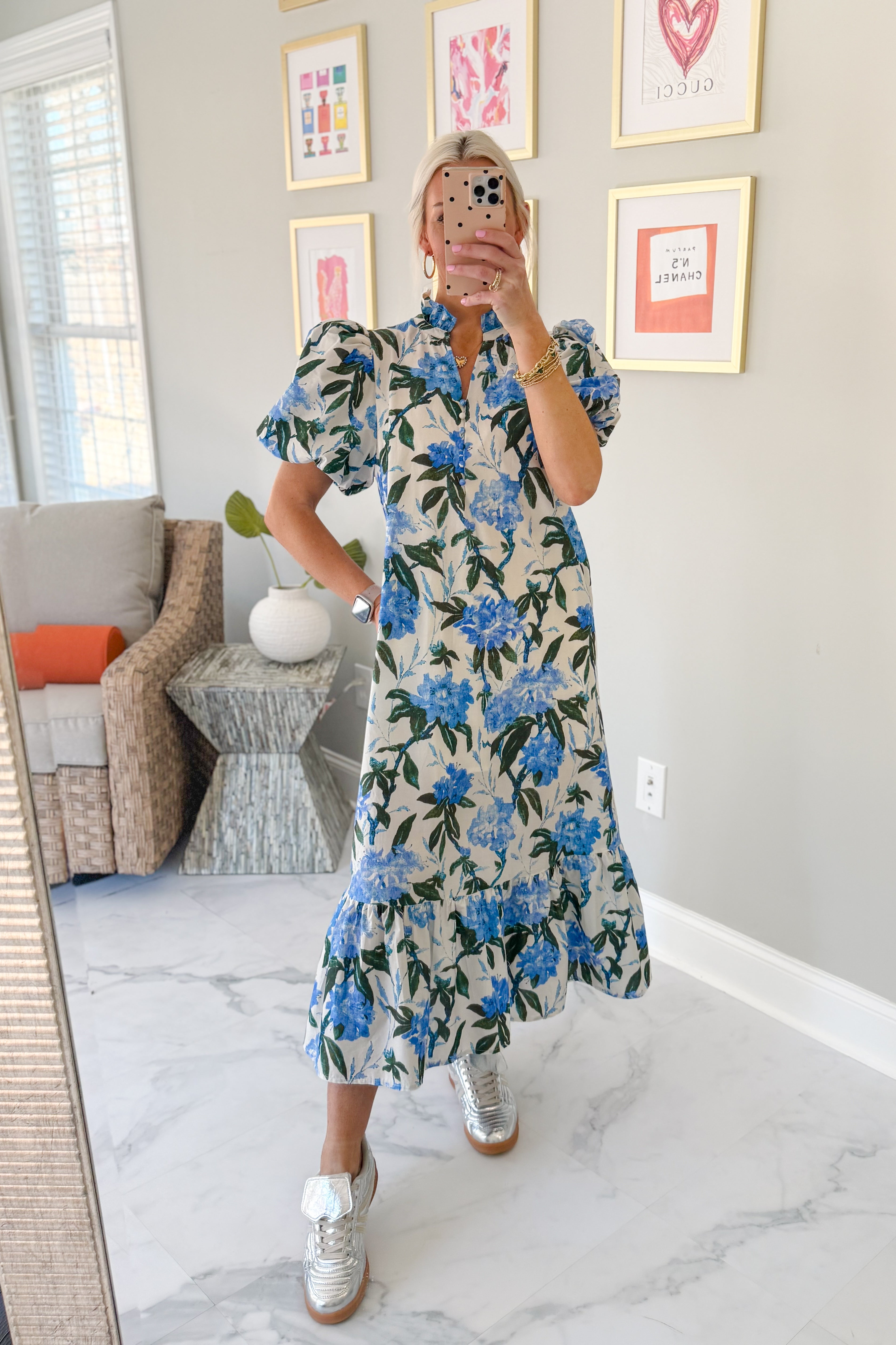 Blue and White Floral Ruffle Hem Maxi Dress