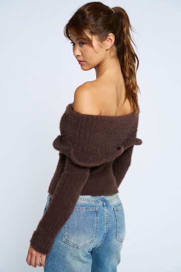 Brown Fuzzy Knit Off The Shoulder Sweater