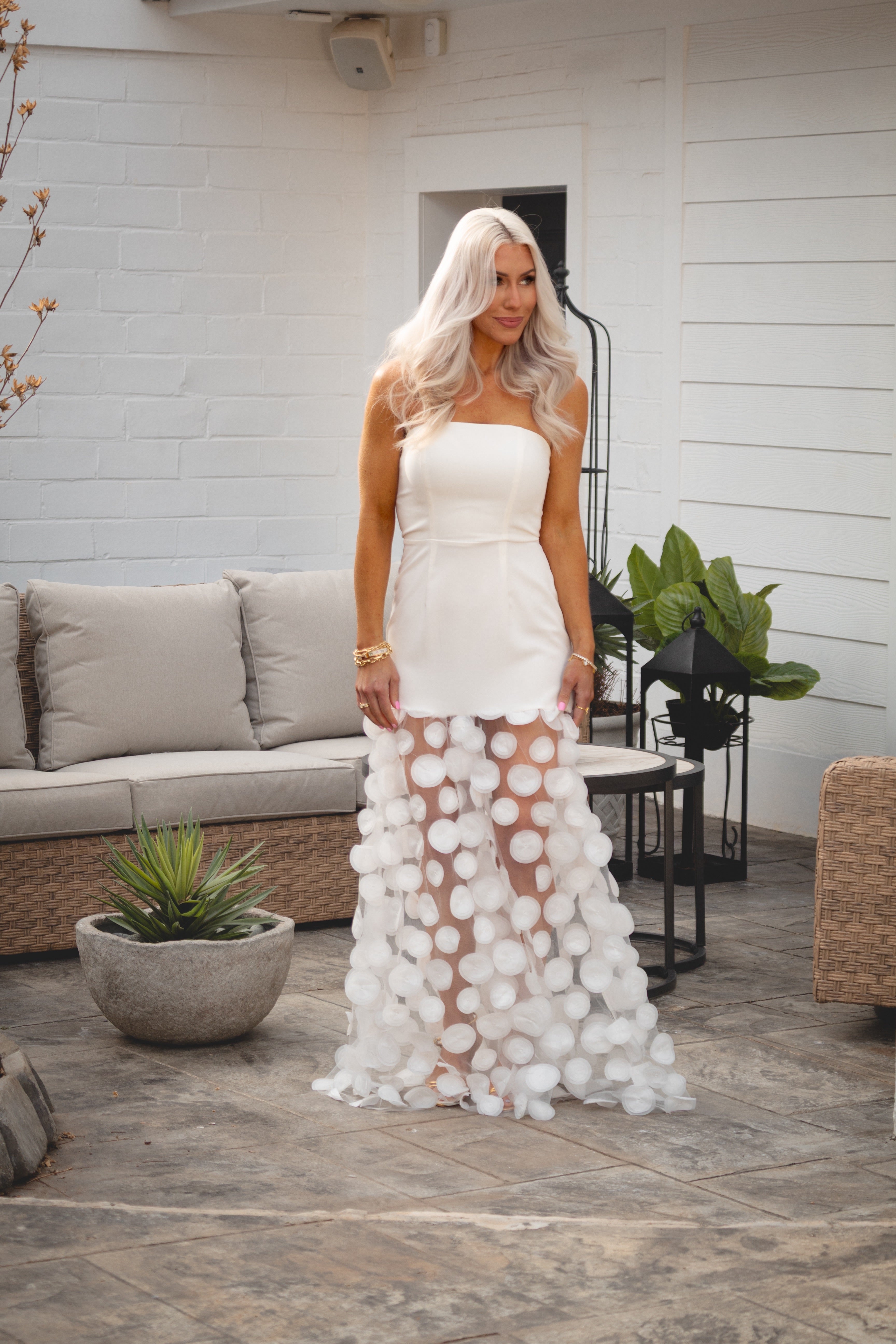 White Maxi Dress With Sheer Hem and Circle Appliqu¨¦ Detail