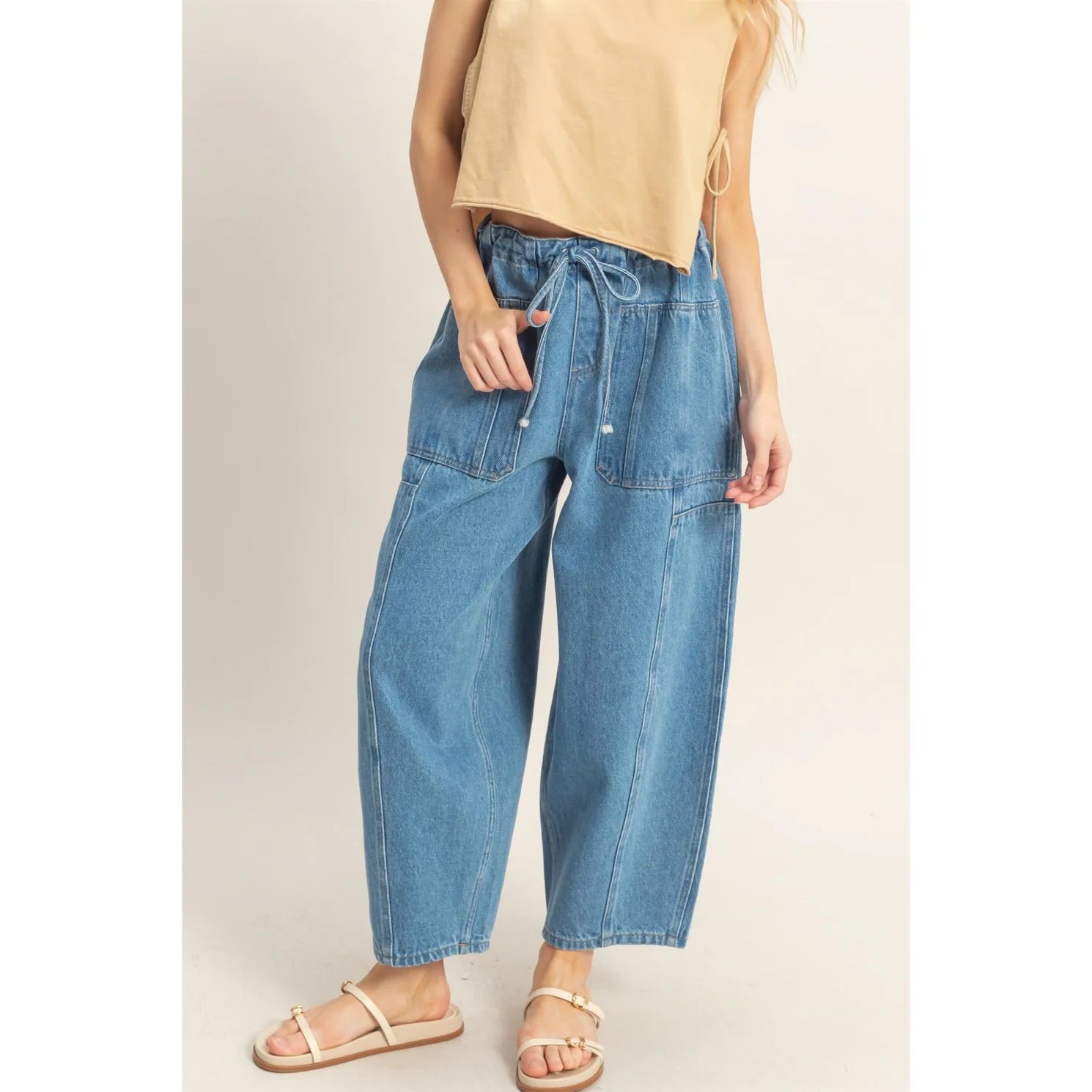Drawstring Barrel Leg Jeans - Medium Wash