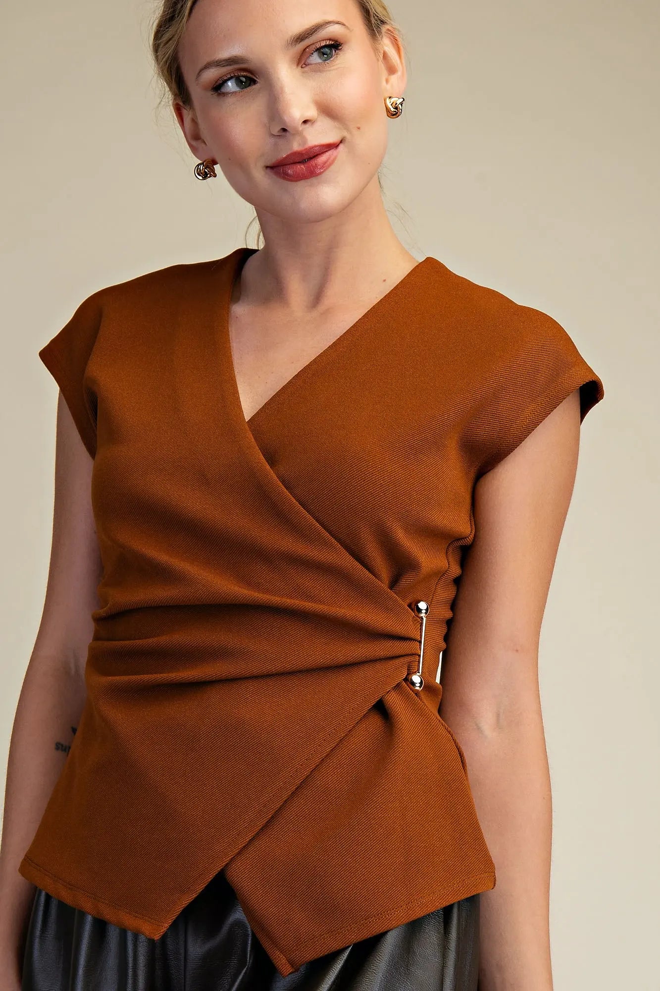 Camel Surplice Blouse With Gold Hardware