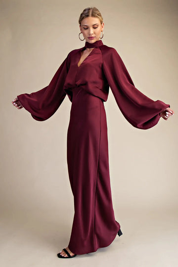Burgundy Satin Mock Neck Maxi Dress