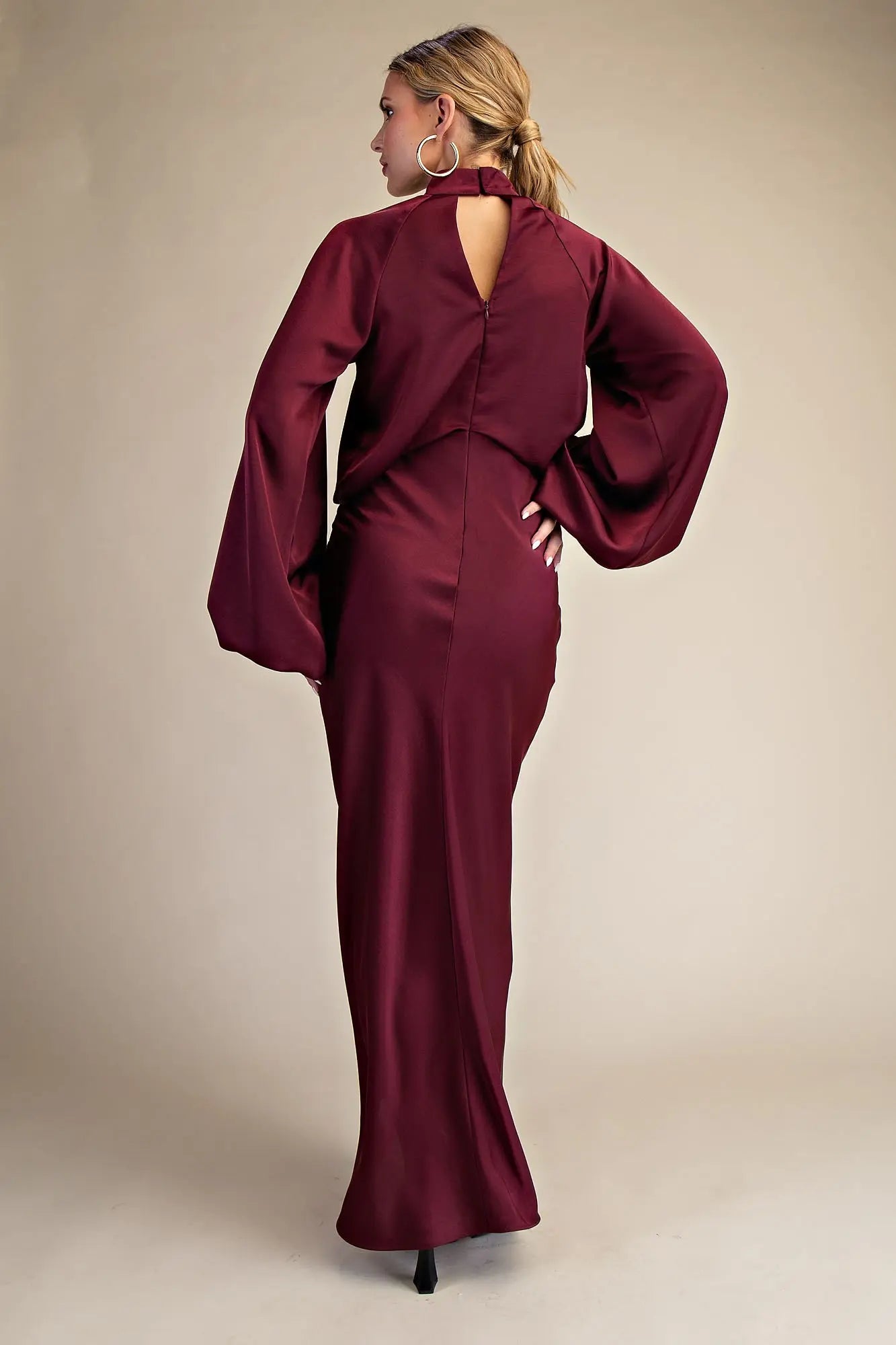 Burgundy Satin Mock Neck Maxi Dress