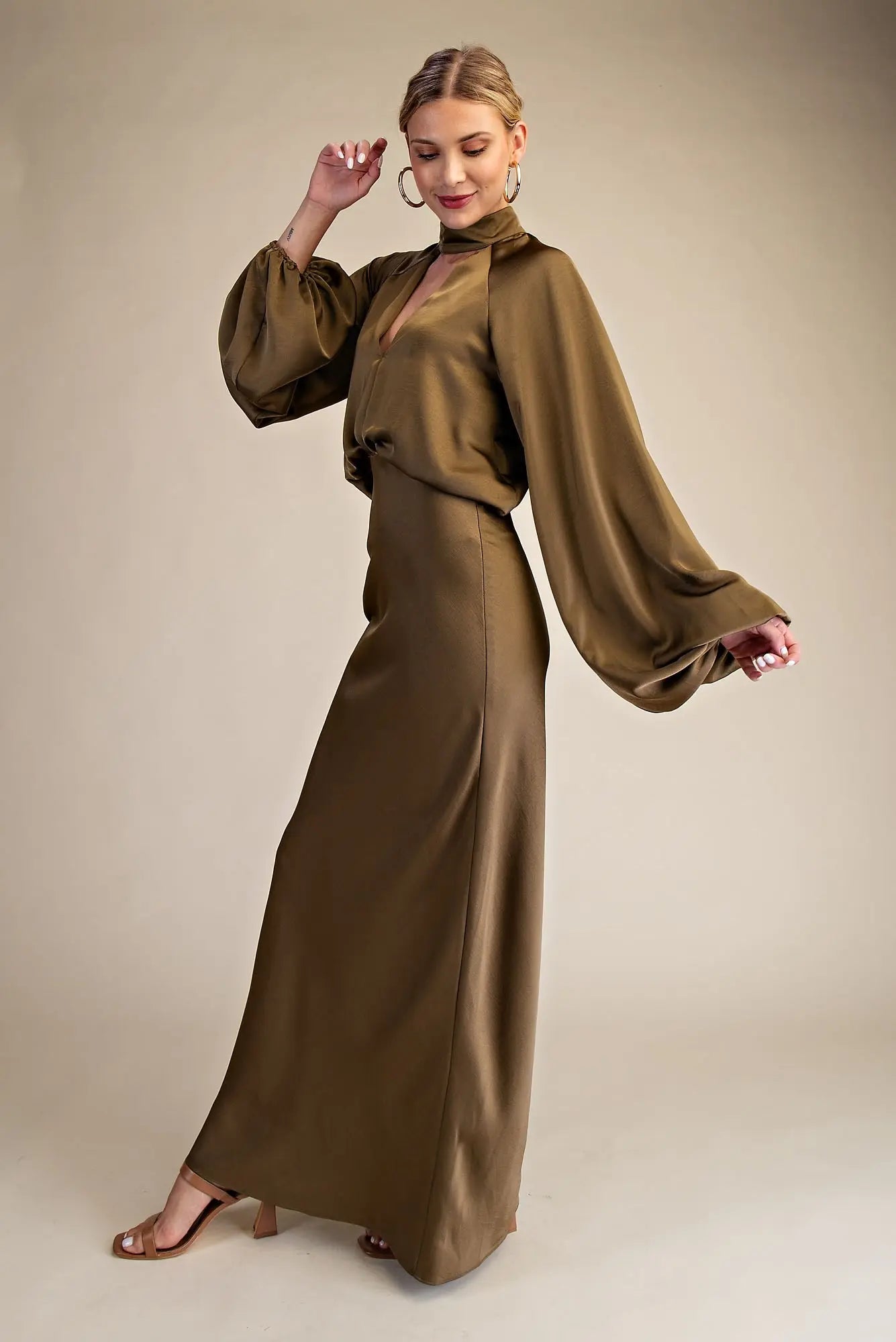 Olive Green Satin Mock Neck Maxi Dress