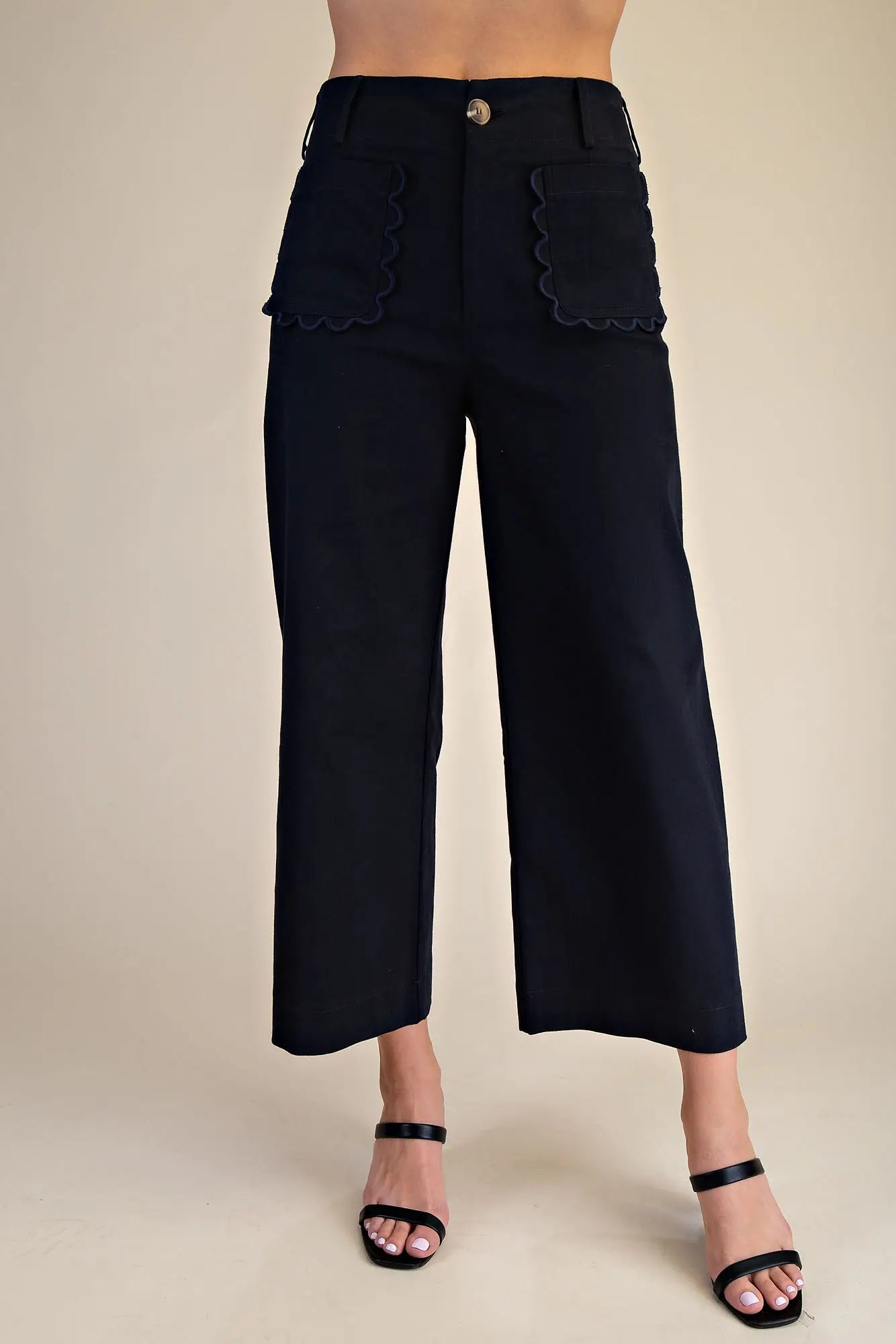 Scalloped Front Pocket Wide Leg Jeans - Navy Blue