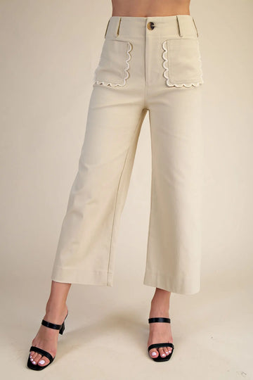 Scalloped Front Pocket Wide Leg Jeans - Beige