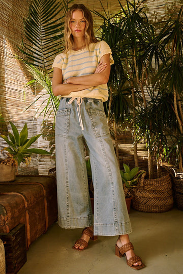 Martha Drawstring Wide Leg Jeans - Light Denim