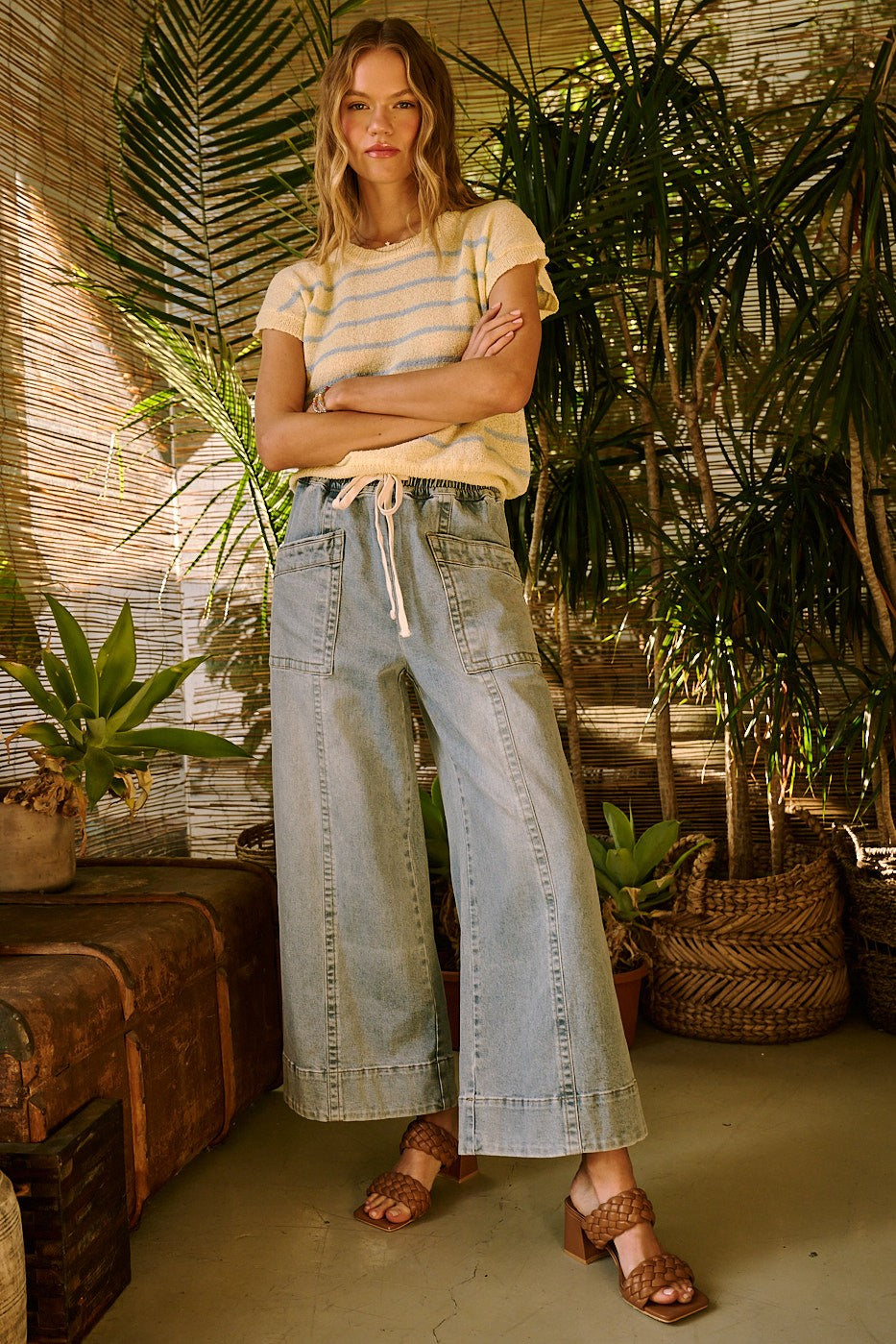Martha Drawstring Wide Leg Jeans - Light Denim