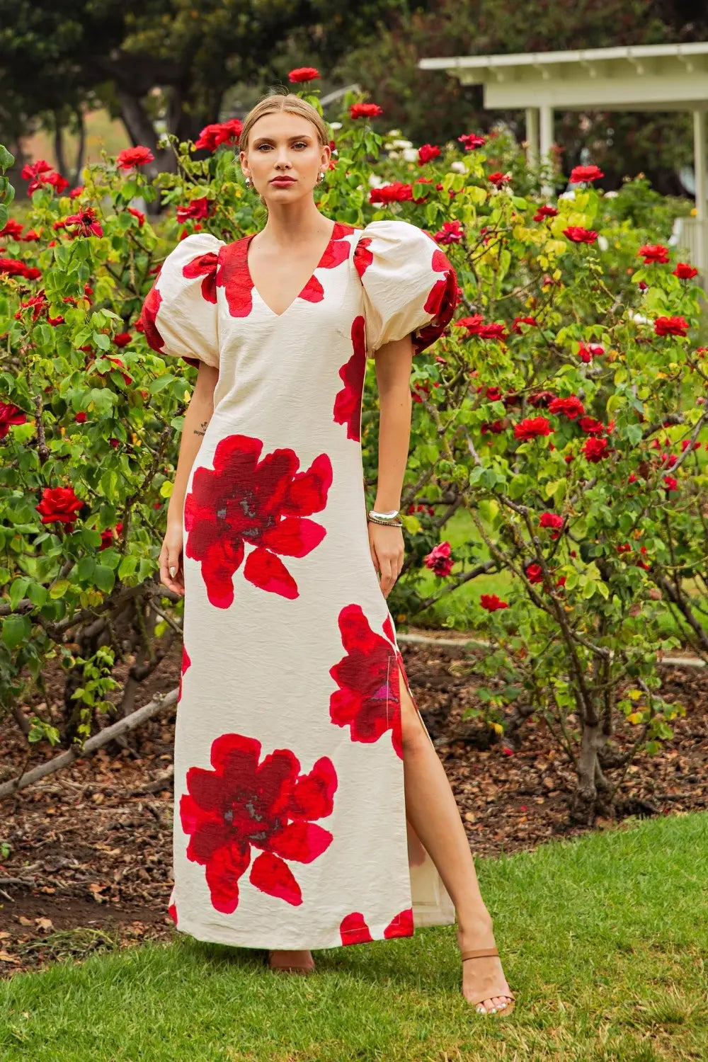 Red Flower Print Puff Sleeve Maxi Dress