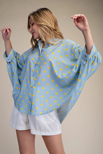 Blue and Yellow Polka Dots Long  Sleeve Blouse
