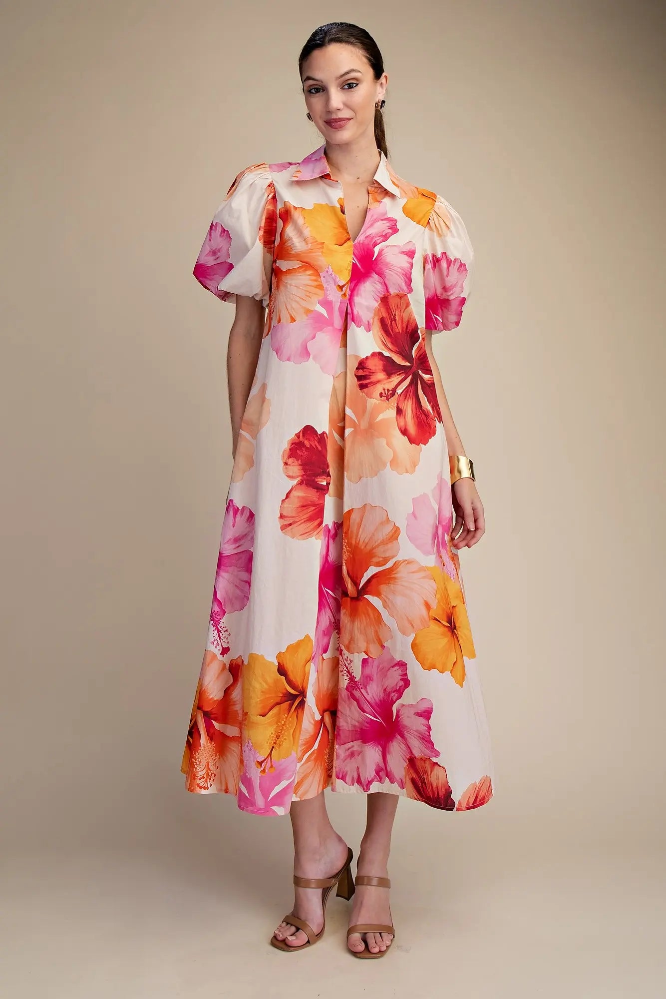 Pink and Orange Hibiscus Flower Collared Maxi Dress