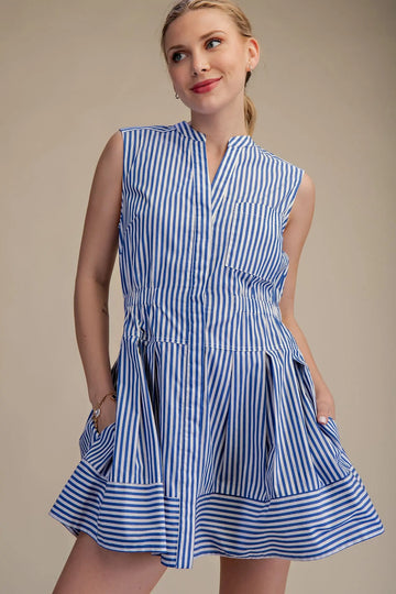 Blue Striped Fit and Flare Sleeveless Mini Dress