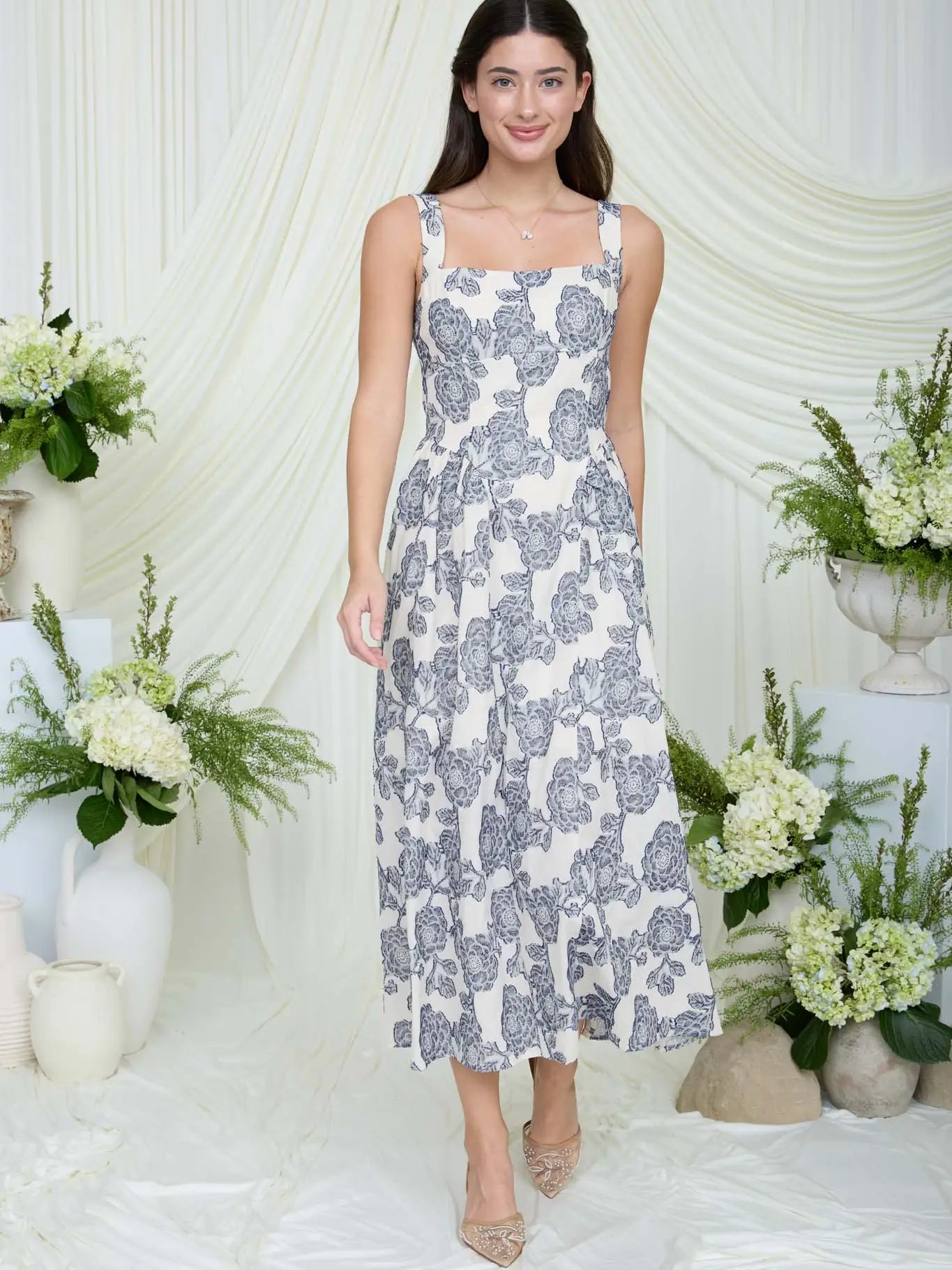 Navy Blue Jacquard Floral Maxi Dress
