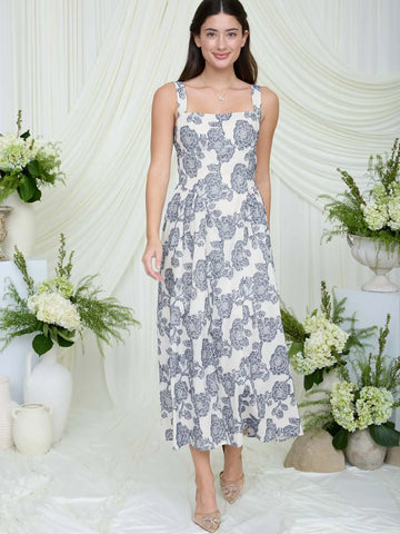 Navy Blue Jacquard Floral Maxi Dress
