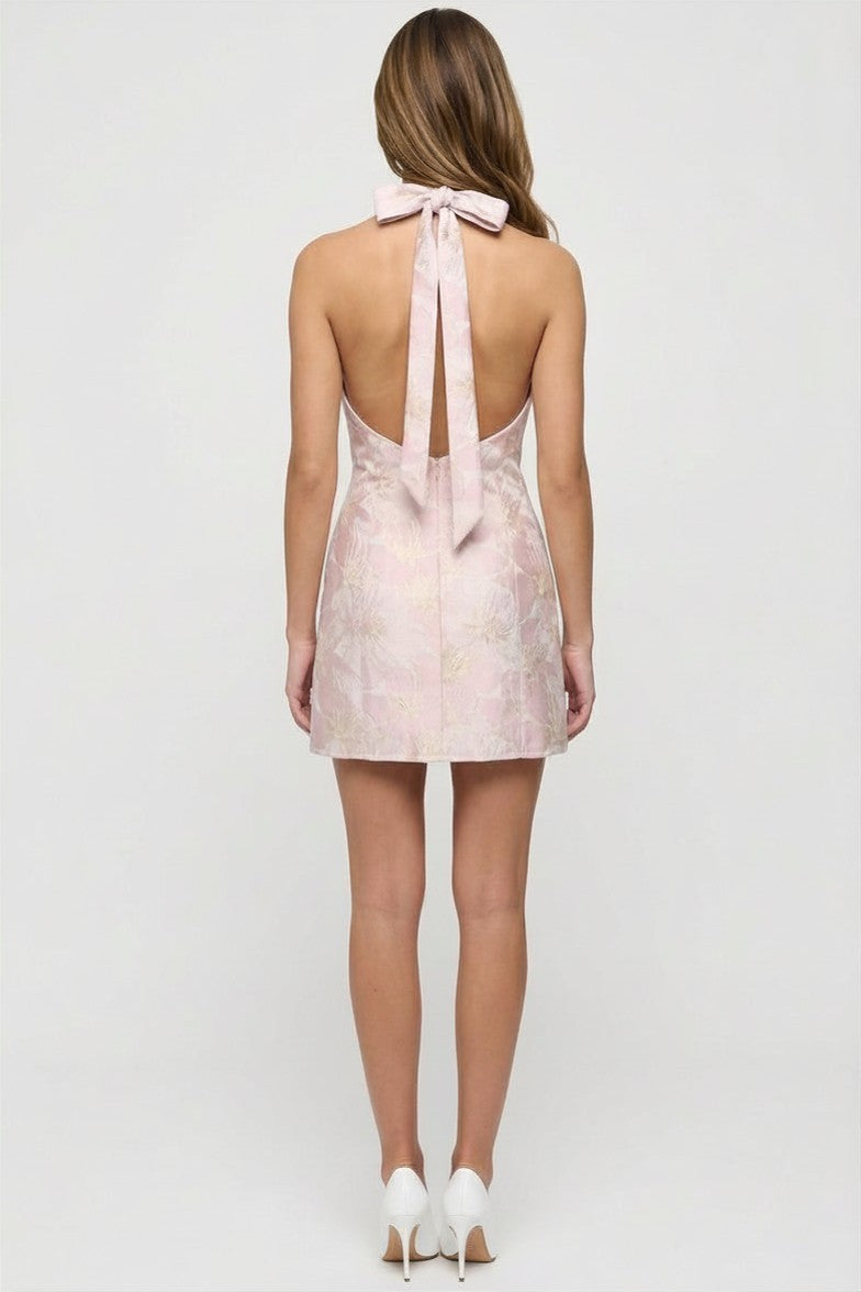 Pink Metallic Floral Jacquard Halter Cutout Mini Dress