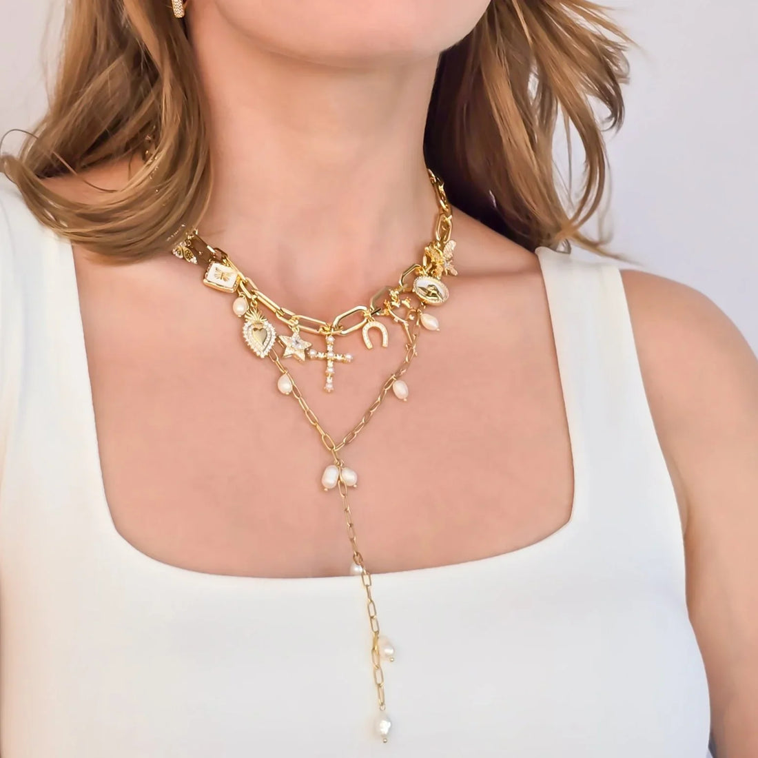 Freshwater Pearl Lariat Chain Necklace 18k Triple Gold Plated