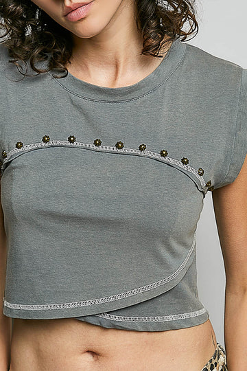 Wilder Charcoal Studded Asymmetrical Crop Tee