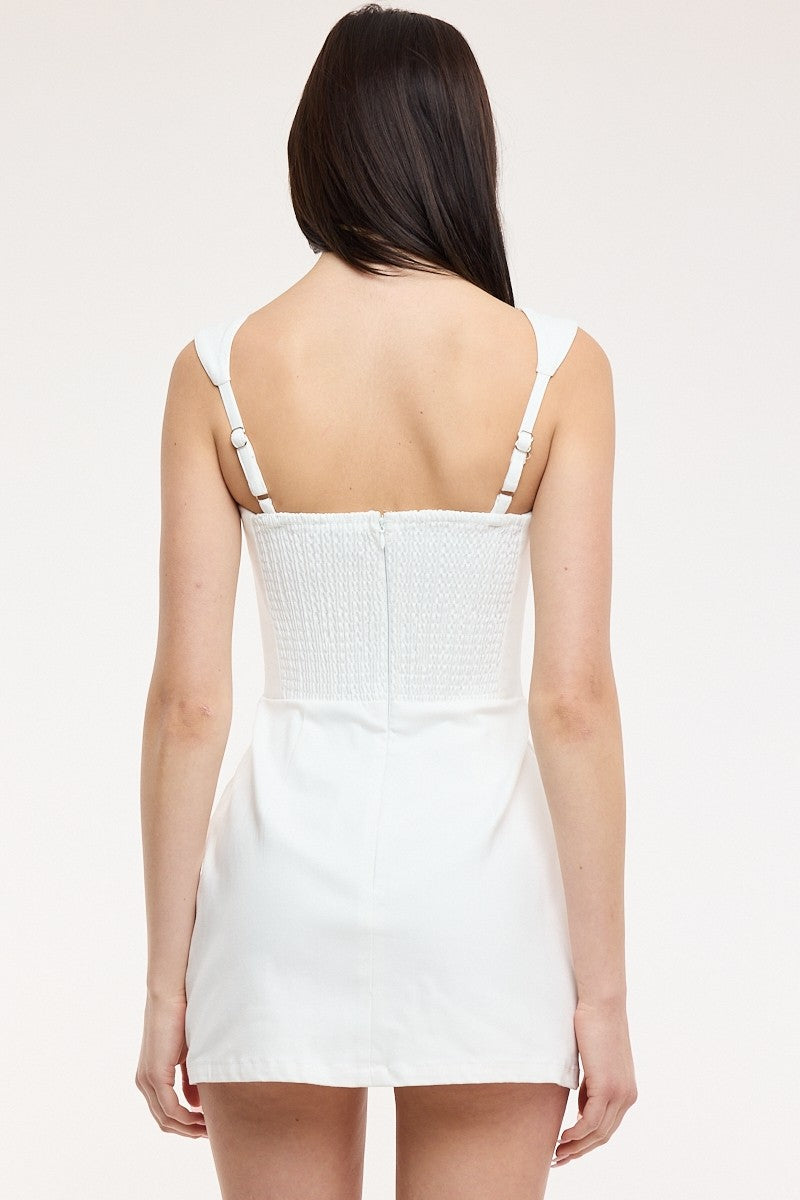 Square Neck Front Pocket Mini Dress - White