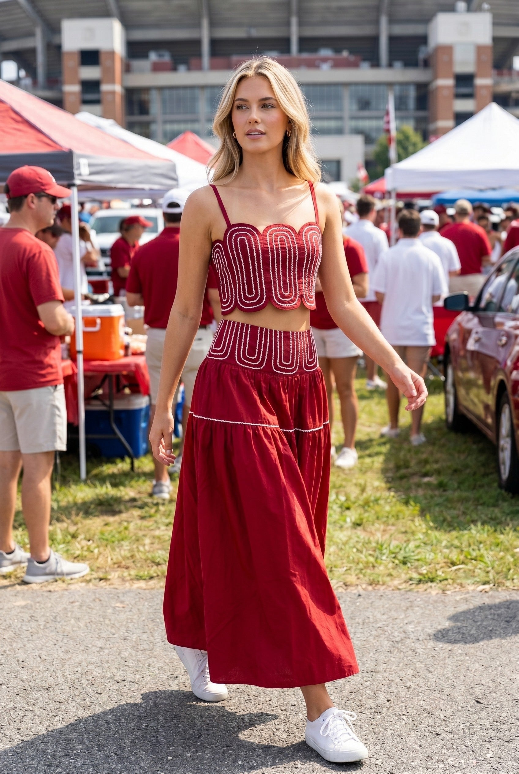 Embroidered Crop Top and Maxi Skirt Set - Red and White