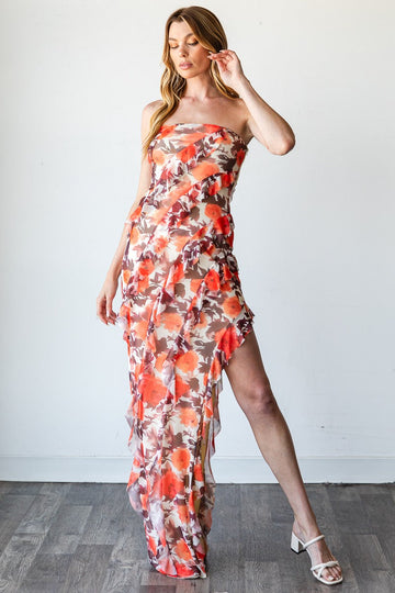 Orange Floral Ruffle Tube Maxi Dress