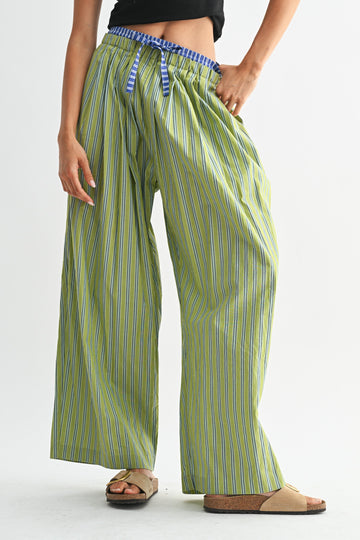 Lime Green Striped Double Waist Wide Leg Lounge Trousers