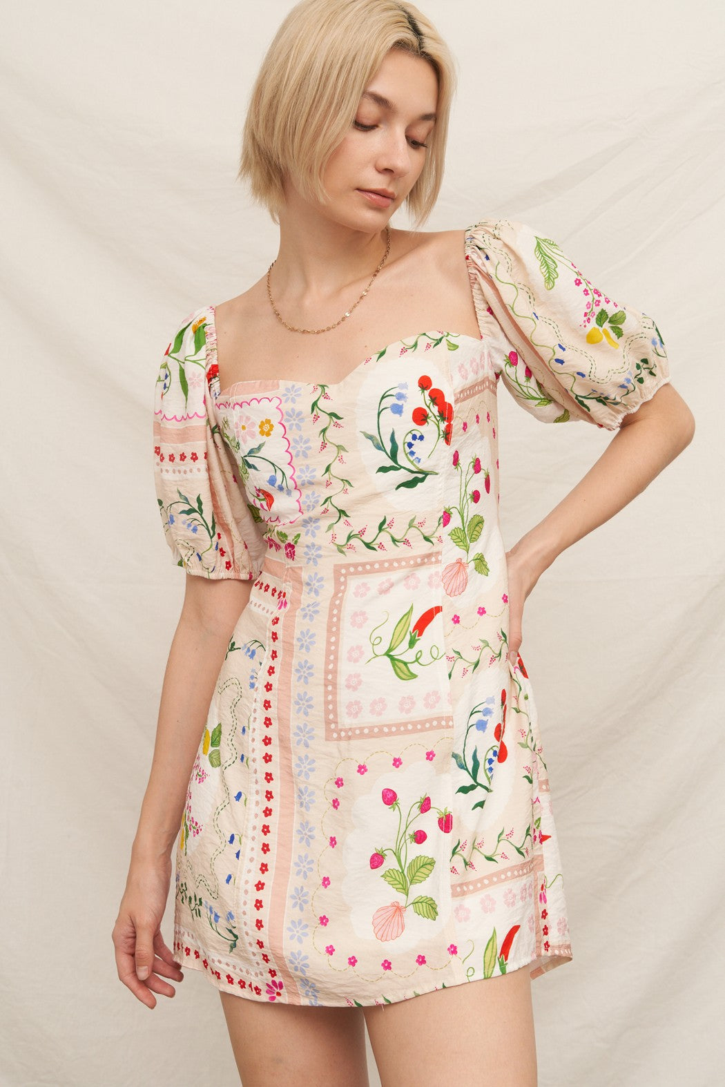Floral Pattern Puff Sleeve Mini Dress
