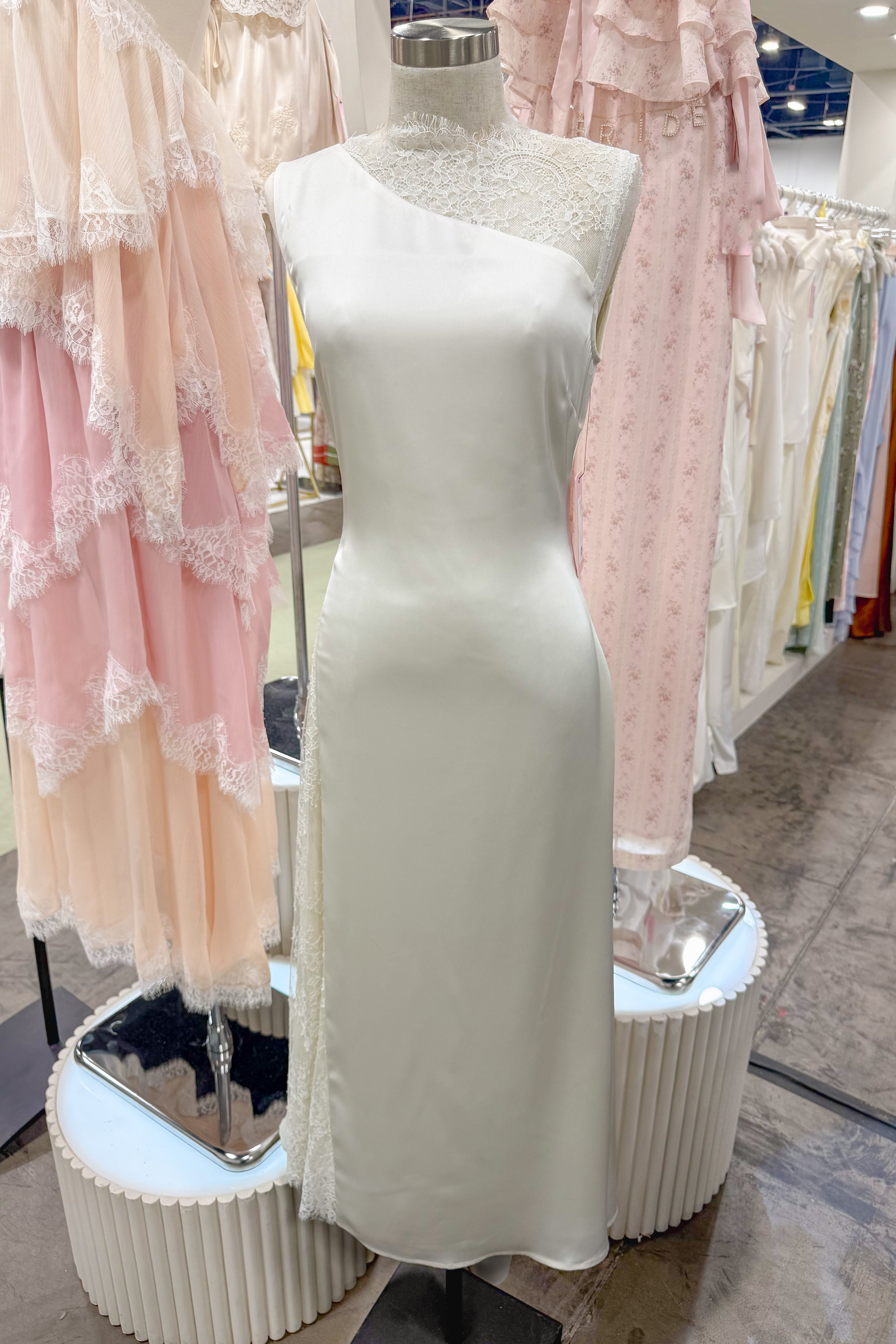 Ivory Satin Maxi Dress with Lace Detail