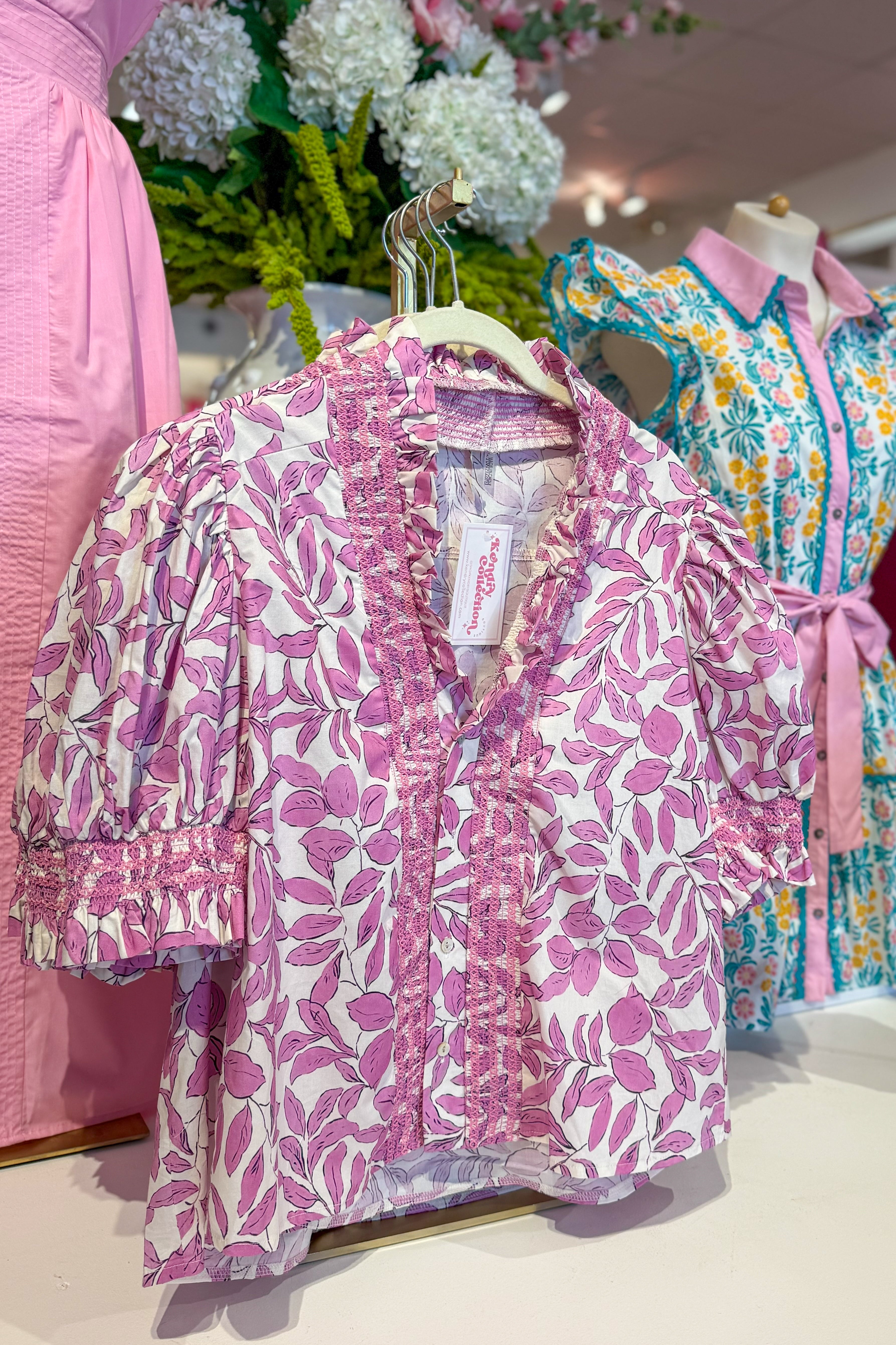 Pink Ruffle V-Neck Botanical Print Blouse