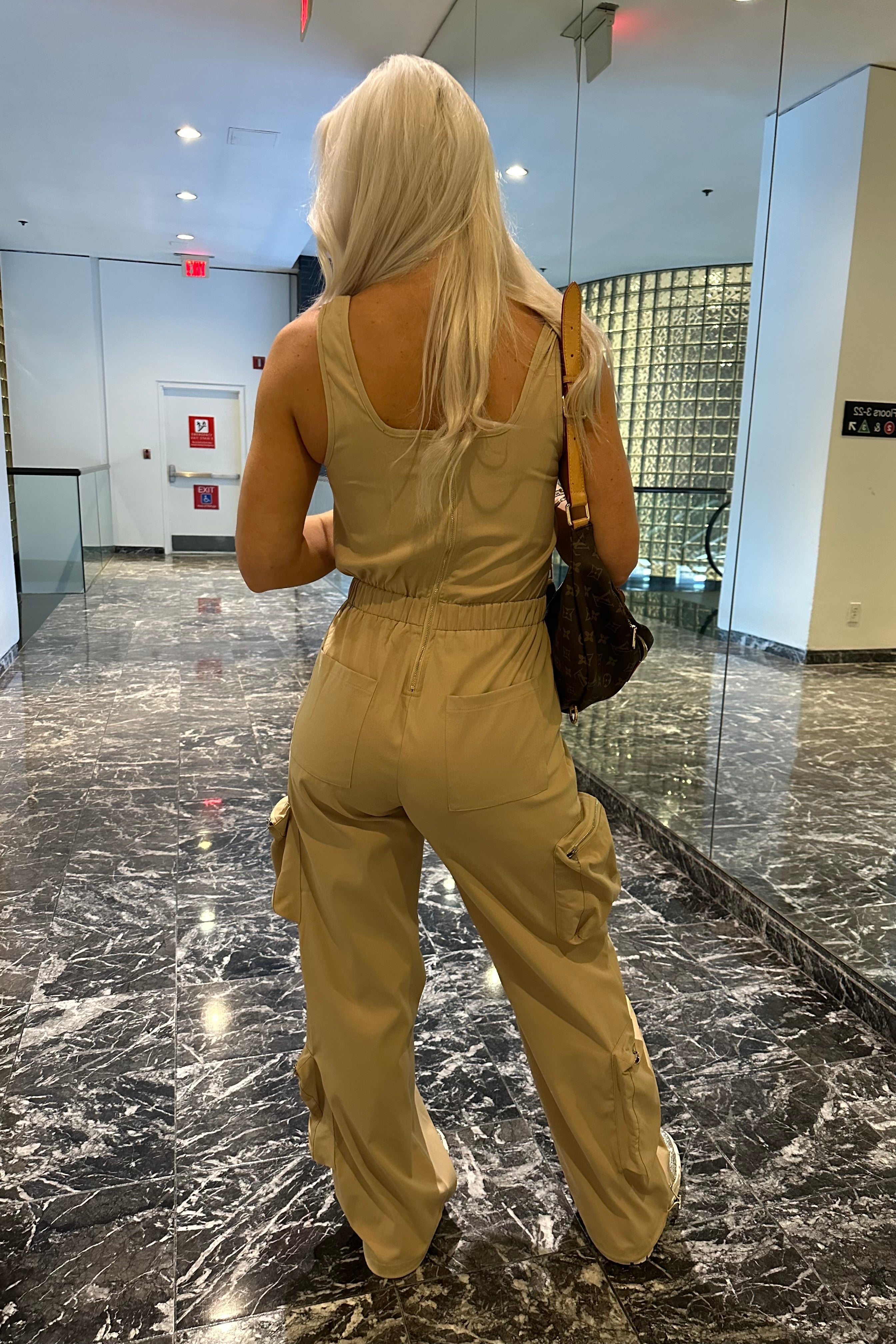 Sleeveless Tan Cargo Jumpsuit
