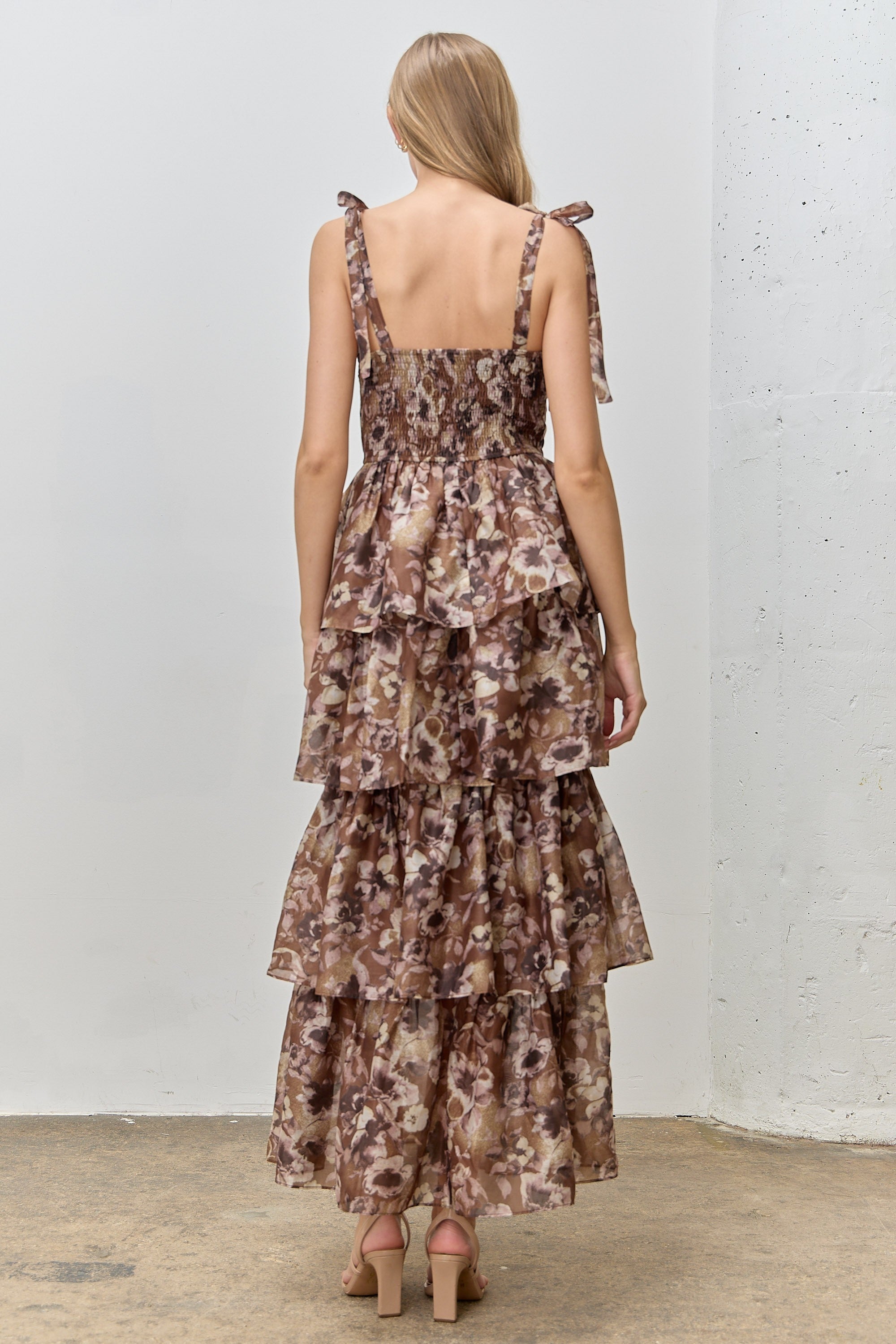 Olive Floral Tiered Ruffle Tie Sleeve Maxi Dress
