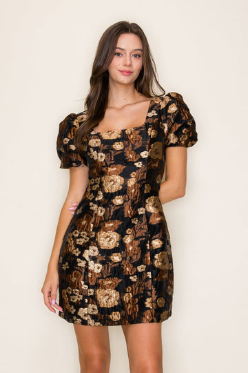 Black and Gold Jacquard Floral Mini Dress