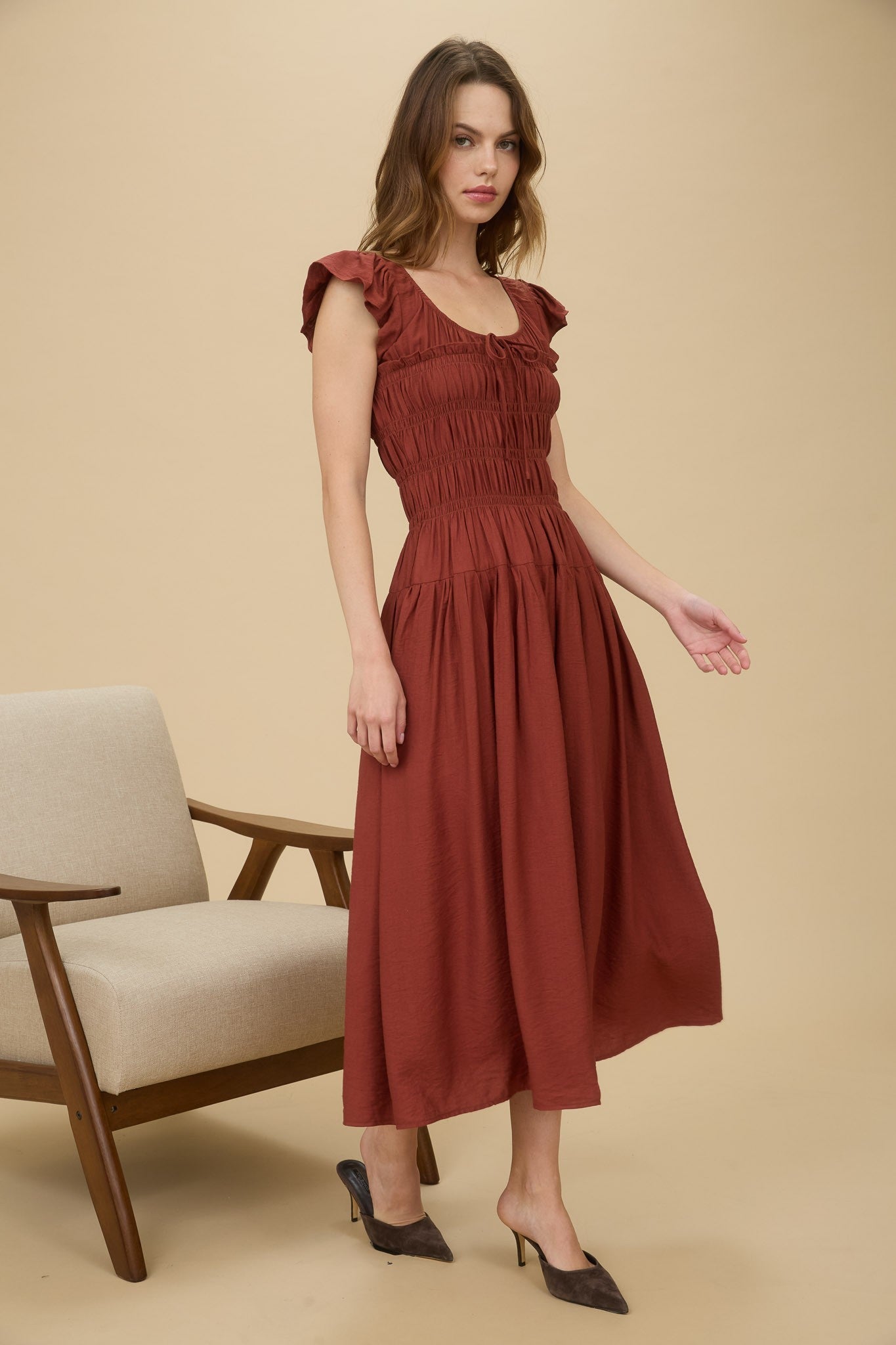 Burgundy Shirred Bodice Ruffle Sleeve Midi Dress
