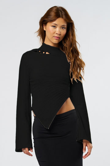 Black Asymmetrical Knit Top With Ring Detail