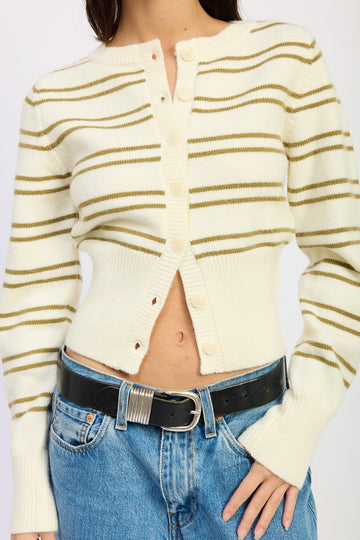 Green and White Striped Button Up Cardigan Sweater