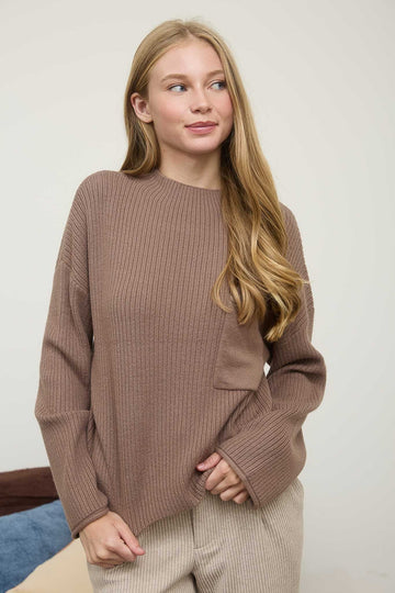 Mocha Mock Neck Ribbed Sweater
