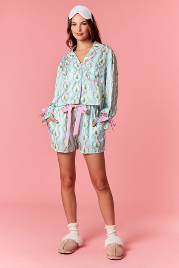 Blue and Green Christmas Pajama Set With Gingham Bow Ties