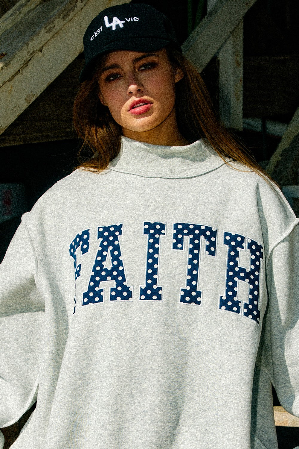 Faith Polka Dot Embroidered Mock Neck Sweatshirt