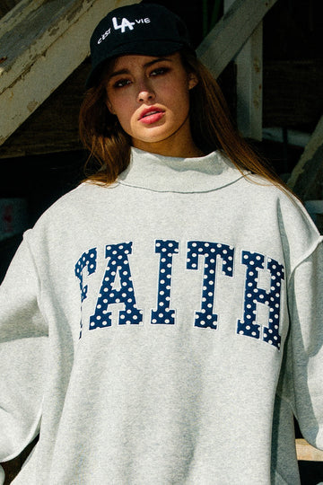 Faith Polka Dot Embroidered Mock Neck Sweatshirt
